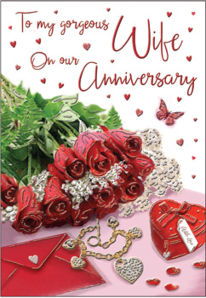 In this romantic anniversary card scene, a bouquet-style cluster of red roses dominates the foreground, arranged as if gently placed across a polished surface in a Swiss Cottage home. Each rose is in full bloom, petal after petal spiralling outward in deep crimson layers that look velvety and almost touchable. The roses are intertwined with soft, fresh greenery, the leaves adding varied shades of green and a slightly ruffled texture, reminiscent of florist-cut foliage from a nearby shop on Finchley Road. Beneath and beside the blooms rests a neat envelope, its smooth, pale paper complementing the intensity of the red flowers. Close by, a petite heart-shaped box in a vibrant red sits next to a piece of jewellery-a chain or bracelet-whose metallic glints add a subtle, celebratory sparkle. Scattered across the card are tiny hearts and jewel-like decorations, positioned with an artist's eye so that they frame rather than overwhelm the central arrangement. A small butterfly motif appears near the flowers, offering a gentle sense of grace and transformation. The card's romantic message is partially visible, its flowing script integrated with the imagery, suggesting words of love that accompany the visual warmth. Soft, ambient light bathes the entire composition, much like daylight filtering into a Swiss Cottage lounge, accentuating the rich hues and tender mood. The result is a warm, intimate tableau that captures the spirit of an anniversary shared quietly at home, where each petal and keepsake symbolises years of shared memories and promises for the future.