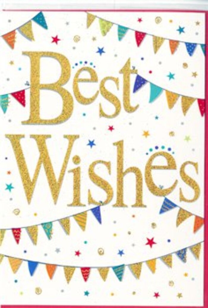 A fresh white congratulations card lies flat, its design echoing the light, upbeat atmosphere of a summer afternoon around Swiss Cottage. Dominating the centre, the phrase Best Wishes is written in generous, looping gold script, the strokes confidently curved and slightly raised so they would catch both fingertip and light. This metallic lettering gleams softly, much like early evening sunshine brushing over the glass fronts of nearby shops, and it gives the message a sense of warmth and gentle glamour. Above and below the words, strings of decorative bunting form graceful semi-circles, as though strung across a quiet residential street ready for a neighbourhood celebration. Each small flag in these garlands is a different bright colour-deep ocean blue, scarlet, grass green, golden yellow, and violet-some touched with a fine sparkle that suggests the play of light from fairy lights or candles. The bunting is complemented by scattered stars and tiny dots of colour, arranged to resemble confetti drifting slowly down after being tossed into the air. These little motifs in coordinated hues provide a playful sense of motion against the clear white background, without overwhelming it. The spacing and layout feel carefully considered, giving the card a contemporary, uncluttered style that would suit a wide range of occasions. Whether paired with a bouquet sent to celebrate exam success, a new role in one of the nearby offices, or the keys to a new flat off Avenue Road, the card communicates heartfelt congratulations and encouragement. It radiates a mood of shared happiness and optimism, as if saying, Your news is worth celebrating properly, while remaining timeless enough to keep pinned on a wall long after the flowers have faded.