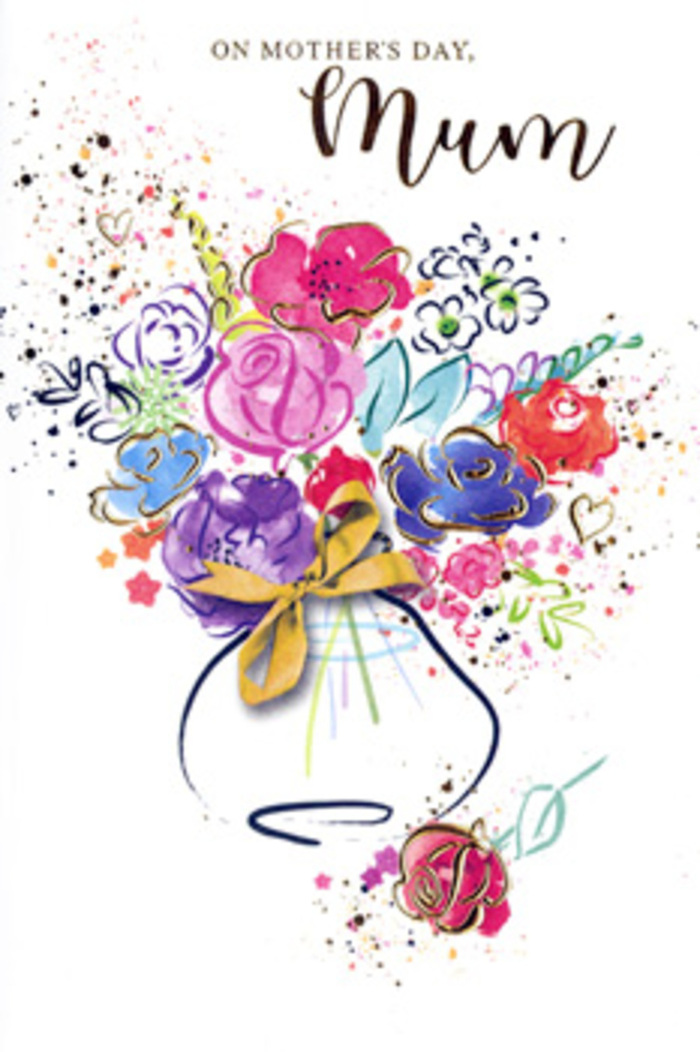 This card for Mother's Day presents an artistic bouquet rendered in fluid watercolour, as though a Swiss Cottage florist translated a hand-picked bunch from nearby Regent's Park into paint and ink. The focal point is a cluster of bold, cerise-pink flowers, whose petals are loosely suggested by sweeping indigo outlines and layered washes of colour, giving them a softly textured, almost velvety appearance. Intertwined with these are more delicate blooms hinted at in lavender, sky blue, and gentle mauve, their cooler tones calming the intensity of the pinks and adding depth to the arrangement. Here and there, warm touches of apricot and rose blush glimmer through, echoing the warmth of a mother's embrace. Subtle golden lines and tiny shimmering dots pick out the edges of some petals and leaves, adding a festive sheen that sparkles gently, much like late-afternoon sunlight over the rooftops of Swiss Cottage. The flowers are gathered into a rounded vase, painted in airy, translucent strokes and encircled by a slender band of gold that recalls a ribbon or bow, suggesting care in presentation. Around the bouquet, expressive flecks of colour and small heart motifs are scattered across a bright white background, creating a sense of lightness and joyful spontaneity, as if emotions are bursting beyond the frame. The composition feels both intentional and free, much like selecting a bespoke arrangement for delivery to a cherished mum in Belsize Park or St John's Wood. This image conveys warmth, gratitude, and the hopeful energy of spring, offering a visual message of love that endures long after Mother's Day itself.