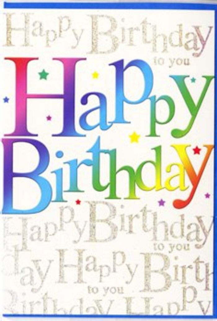 In this image, the birthday card looks as if it has been carefully positioned on a counter in a Swiss Cottage flower shop, surrounded by the soft shadows and gentle light of a creative workspace. Dominating the card's front is the phrase Happy Birthday, written in thick, friendly letters that span almost the full width. Each letter is alive with a gradient of colour that moves in a smooth, unbroken flow: one may begin in a deep ruby red that melts into raspberry and fuchsia, while the next transitions from indigo blue into fresh teal, and another shifts from rich emerald into bright lime and then into soft, butter-yellow. These blended tones give the effect of a rainbow captured in motion, echoing how a florist might combine different coloured blossoms in one joyful arrangement. Behind this prominent text lies an intricate background of repeating Happy Birthday to you phrases, scripted in a delicate, gold-toned calligraphy. The lines of script curl and loop with an easy rhythm, forming a subtle pattern that shimmers just slightly when the card tilts in the light, much like the glint of sunlight on the trees near Swiss Cottage station or along Avenue Road. The golden lettering never overwhelms; instead, it provides a refined, almost musical undertone to the bold, colourful headline. Tiny sparkles and star-like dots add a further note of festivity, reminiscent of confetti falling slowly through the air at the end of a birthday toast. The overall feel is of a card that brings a whole celebration with it-vibrant, affectionate, and as thoughtfully arranged as a bouquet chosen for someone special in Swiss Cottage.