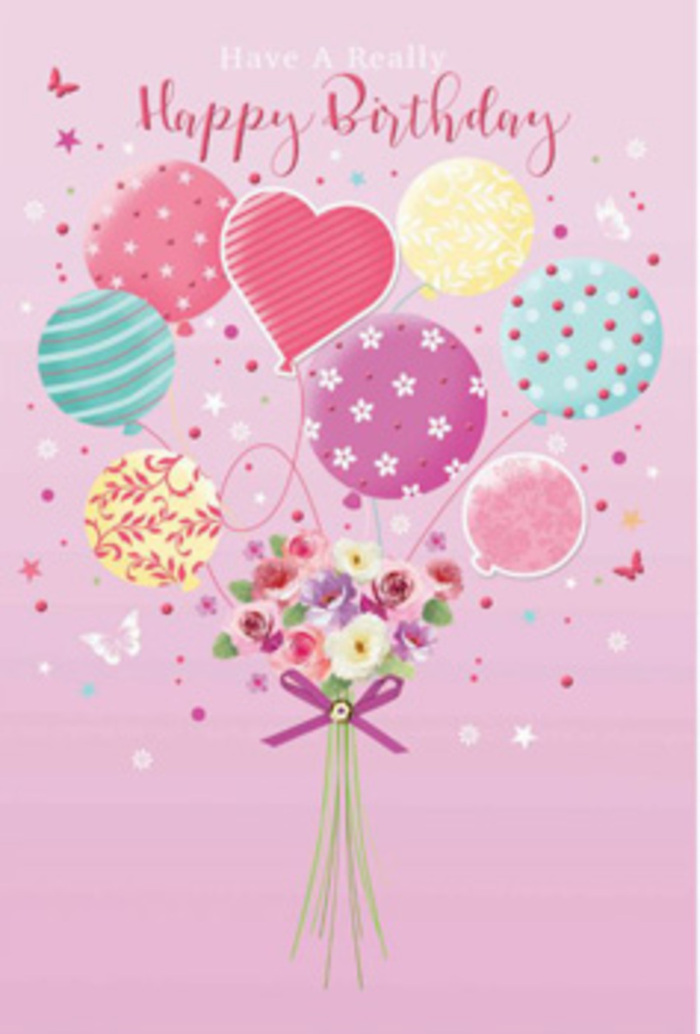 Pastel balloon and floral birthday card artwork that feels like a small celebration caught mid-flight above Swiss Cottage. The scene is set against a soft pink background, tender and even, like a calm sky over the local café terraces on Finchley Road. Floating across the upper half of the composition is a cluster of rounded balloons in muted tones of rosy pink, mint, teal, lemon, and lilac. Each balloon carries unique decorations - some are wrapped with curving candy stripes, others are dotted with lively polka spots, while a heart-shaped balloon glows at the centre, expressing quiet affection. The strings of all these balloons come together and flow downward to a dainty hand-tied bouquet at the base. Here, petite roses and daisy-like blossoms fill the arrangement, coloured in soft creams, blush pinks, and gentle mauves that mirror the pastel balloons above. The petals have a velvety, layered look, suggesting freshly opened blooms carefully arranged for same-day birthday delivery across Swiss Cottage and nearby Belsize Park. A glimmering purple ribbon binds the stems with a neat bow, its satin surface catching imaginary light, just as it might on a florist's worktable a short walk from Swiss Cottage station. Around the main design, tiny stars and delicate butterflies hover, adding a hint of storybook charm, as if birthday wishes and happy memories are fluttering through the air. The composition feels both playful and softly sophisticated, perfect for conveying warmth, celebration, and a personal touch to a birthday greeting in the heart of North West London.