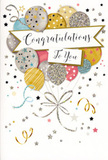 The congratulations card shown here has the feeling of a gentle yet glamorous celebration, as if it has just been placed beside a vase of fresh flowers in a Swiss Cottage living room. Its design is dominated by a cheerful gathering of round balloons, layered one over another to create a sense of fullness and lift. The colour palette is soft but festive, with balloons in champagne gold, silvery grey, sky blue, blush pink, and muted stone tones, each shaded with care so they catch an imaginary light. Across their surfaces dance tiny star shapes, slim stripes, and patterns of glittery dots, giving the impression of fine, slightly raised print that might feel textured to the touch. The balloons are loosely bound by a single, flowing metallic-style string that curves downwards in a graceful arc. Through the centre of the cluster runs a pale, drifting banner, carrying the words Congratulations To You in elegant, cursive writing that balances sophistication with warmth. Around this central arrangement, the background is animated with small metallic stars, looping ribbons, and specks of gold and silver confetti, like the last glimmers of a celebration near Swiss Cottage station or on a quiet street just off Finchley Road. The overall mood is one of buoyant pride and joy, ideally suited for recognising exams, promotions, new beginnings, or any milestone precious to the heart. It is exactly the type of card a Swiss Cottage florist might add to a same-day delivery bouquet, turning a simple message of congratulations into a keepsake moment.