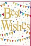 This cheerful congratulations card looks like a moment of celebration captured on a crisp white surface. At its heart, the words Best Wishes are written in luminous gold script, each letter elegantly curved, with a slight embossed sheen that would catch the light like brass details along Finchley Road. The golden message feels simultaneously refined and welcoming, as though offering a warm smile in written form. Encircling this central phrase, strands of bunting sweep gracefully in two arcs, one above and one below, suggesting decorations strung up for a rooftop or balcony party near Swiss Cottage. Each tiny triangular pennant is painted in bright, saturated colour-cool blues, vivid reds, lively greens, and cheery yellows-some with a gentle glittering finish that hints at shimmer without becoming overpowering. Between and around these bunting strings, scattered stars and small circular confetti marks in corresponding hues seem to float weightlessly, evoking the movement of confetti tossed in happiness at a celebration. The arrangement of elements is balanced and airy, with plenty of untouched white space that lets the eye rest and keeps the overall look light and modern. The design feels perfect for marking life's positive turns: a new job offer, results day success, or the excitement of moving into a first home in the surrounding neighbourhoods. Slipped into a bouquet arranged by Swiss Cottage Florist, this card would add an extra layer of heartfelt sentiment, conveying delight, pride, and good fortune in a way that feels personal, joyful, and beautifully understated.
