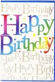 This birthday card has the joyous presence of a party invitation resting on a table in a Swiss Cottage home, perhaps beside a fresh bouquet from the local florist. The main feature is the large Happy Birthday message sweeping across the front in full, rounded letters that seem to lean forward with excitement. Each letter carries a seamless gradient of colour, flowing from deep shades of cherry red and wine through to rich purples, sapphire blues, and lagoon greens, before brightening into vivid grassy greens, golden yellows, and pale citrus tones. These hues merge softly, as if they have been brushed on with a careful, fluid motion, reminiscent of the layered colours in a mixed floral arrangement. Behind this bold ribbon of rainbow text, the entire background is filled with repeated lines of Happy Birthday to you rendered in fine, looping gold script. The lettering is delicate and continuous, creating a textured pattern that shimmers lightly whenever it catches the light, similar to the way evening sun plays on the shop windows around Swiss Cottage and down towards St John's Wood. This shimmering script gives the design depth and a touch of sophistication, balancing the playful colours of the main lettering. Tiny glints and star-like accents dot the surface here and there, suggesting floating confetti or the sparkle of candles on a birthday cake. The card feels festive without being loud, making it the kind of greeting you could easily imagine accompanying a carefully chosen bouquet delivered anywhere in Swiss Cottage-cheerful, heartfelt, and beautifully presented.