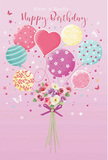 Charming birthday card design where a bouquet and a bundle of pastel balloons come together to create a floating celebration over Swiss Cottage. The backdrop is a gentle wash of soft pink, soothing and bright at the same time, like early morning light near the entrance to Swiss Cottage Underground. At the top, rounded balloons in blush, mint, aquamarine, lemon, and lavender cluster closely, their glossy shapes decorated with lively stripes, cheerful polka dots, and delicate flower-inspired patterns. A central heart-shaped balloon glows softly, adding a tender, affectionate note to the scene. Slim balloon strings drift downwards, converging at a compact bouquet at the base of the artwork. This hand-tied arrangement features roses and anemone-like blooms in ivory, blush pink, and muted mauve, their petals rendered with fine shading that suggests velvety softness and a gentle fragrance. The stems are neatly gathered and finished with a rich violet satin bow, the kind of elegant detail you might see on a freshly prepared birthday bouquet destined for a home near Regents Park or along Fairfax Road. Tiny star shapes and graceful butterflies are scattered around the balloons and flowers, lending an airy, dreamy quality, as if the whole arrangement were caught in a light breeze. The overall impression is playful yet polished - a visual expression of birthday joy that feels personal, handcrafted, and full of warmth, much like receiving a thoughtfully arranged floral gift from a trusted Swiss Cottage florist.