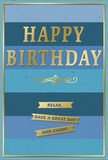 This birthday card feels like a calm breath amid the bustle of Swiss Cottage, its front face composed of broad, even stripes of blue that run horizontally from side to side. The colour bands progress smoothly from a rich, inky navy at the top to a more relaxed mid-blue, and then to a light, open sky blue near the bottom, creating a serene gradient reminiscent of a clear London sky stretching above the city. Centred on this tranquil background, the words HAPPY BIRTHDAY are embossed in gleaming gold capitals. The letters are tall, neatly spaced, and slightly raised, with a soft metallic shine that catches the light as you tilt the card, giving the greeting a quiet, celebratory glow. Directly beneath the main text, a graceful golden flourish sweeps across the card, its delicate curves adding an air of classic elegance without clutter. Below it, three slim, gold-foil banners sit in a careful stack, each one echoing the others. On these ribbons, the sentiment Relax, have a great day and enjoy! is repeated, underscoring the message of ease and gentle celebration. The blue zones appear matte and velvety, while the gold elements glimmer subtly, inviting touch as much as sight. A fine line of gold frames the card at the edges, holding the composition together with understated precision. Visualised on a side table in a Swiss Cottage flat, next to a just-delivered birthday bouquet, this card radiates soft warmth and thoughtful intention, offering not just birthday wishes but permission to slow down, unwind, and truly enjoy the day.