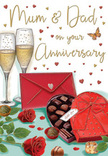 This anniversary card is illustrated as a romantic table scene, capturing the essence of a cosy celebration in a Swiss Cottage home, perhaps after a leisurely walk through nearby gardens. At the back, a pair of matching champagne flutes stand close together, their fine stems and clear bowls suggesting elegant glassware chosen with care. They are filled with pale, effervescent champagne, the liquid glowing softly while delicate trails of bubbles rise at slightly different heights, hinting at movement and the anticipation of a shared toast. In front, a generous heart-shaped box of chocolates in rich crimson red commands attention. The lid is open to reveal an assortment of chocolates, some smooth and circular, others square and neatly edged, with shading that conveys a glossy, indulgent finish. Wrapped around the box is a lush, satin red bow, its folded loops and trailing ends giving an impression of softness and luxury. Resting alongside are two sumptuous red roses, their petals rendered in deep ruby tones, layered thickly over a backdrop of verdant green leaves, just as a careful florist might arrange them for delivery to homes near Avenue Road or Finchley Road. A small scattering of chocolates on the tabletop suggests unhurried enjoyment and shared tastes. The background is a gentle cream, overlaid with floating gold and crimson hearts that drift across the card in varying sizes, adding lightness and playful charm while guiding the eye towards a tender handwritten message for Mum & Dad. A bright scarlet envelope lies at one side, sealed, its presence hinting at private, loving words that complete the occasion. Altogether, the image conveys warmth, closeness, and the sweet ritual of honouring a lasting partnership.